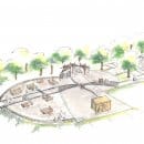 Am Ende des Parkplatzes Kermeter entsteht ein Rastplatz mit Wetterschutzdach, Sanitäranlagen, Sitzgelegenheiten und barrierefreien Infomodulen. (Grafik: Landschaftsarchitekturbüro Hoff, Essen)