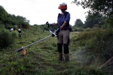 Bild 1: Zu den Aufgaben der Freiwilligen des Bergwaldprojektes gehört auch das Mähen auf verbrachten Wiesen