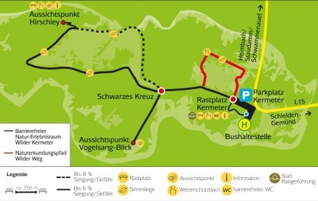 Übersicht zum Wegenetz des barrierefreien Naturerlebnisraums Wilder Kermeter